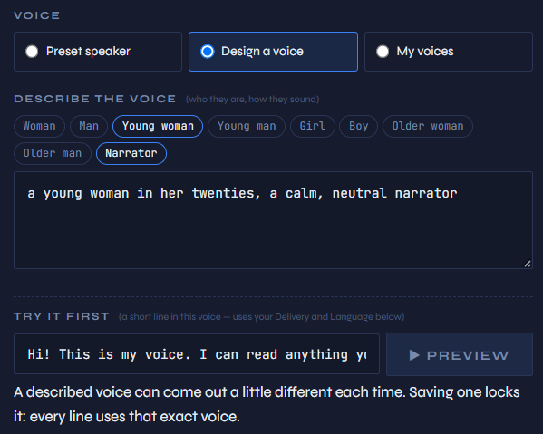 Designing a voice with Preview and Save